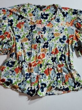 Lauren Black Label Lg Floral V-Neck Linen Blend Peplum Top Bubble Sleeves